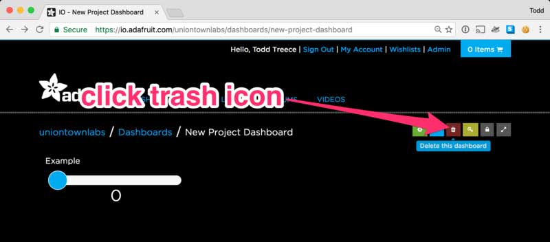 Deleting a Dashboard > Click Trash Icon